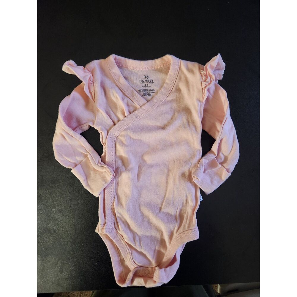 Honest Baby 3-6M Pink Ruffle Long Sleeve Kimono Bodysuit Organic Cotton